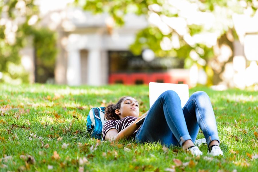 Student studying in the grass at Bascom Hill.