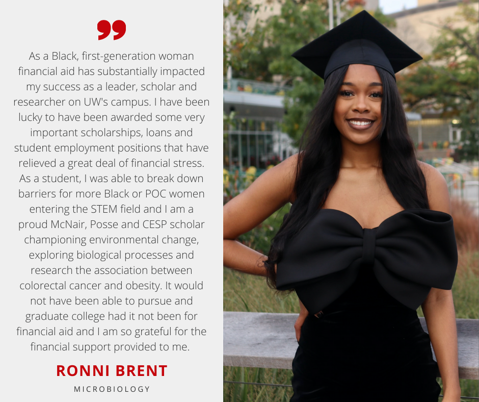 Ronni Brent, graduate majoring in Microbiology, along with quote thanking the generosity of donors