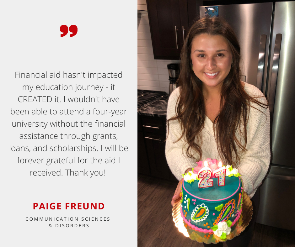 Paige Freund, graduate majoring in Communication Sciences & Disorders, along with quote thanking the generosity of donors