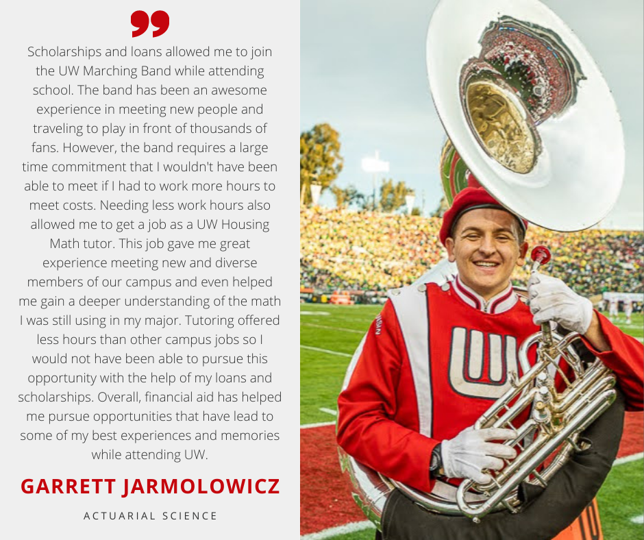 Garrett Jarmolowicz, graduate majoring in actuarial science, along with quote thanking the generosity of donors