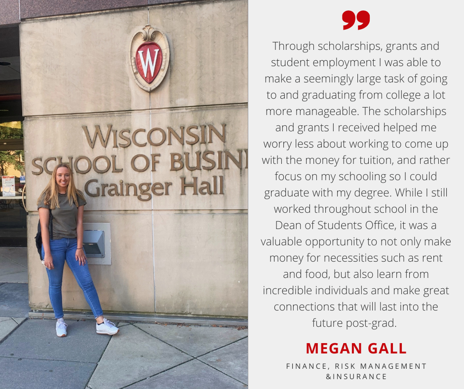 Megan Gall, graduate majoring in finance, risk management, and insurance, next to a quote thanking donors for their generosity