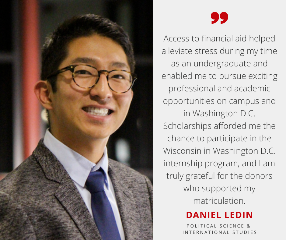 Daniel Ledin, graduate majoring in Political Science & International Studies, next to a quote thanking donors for their generosity